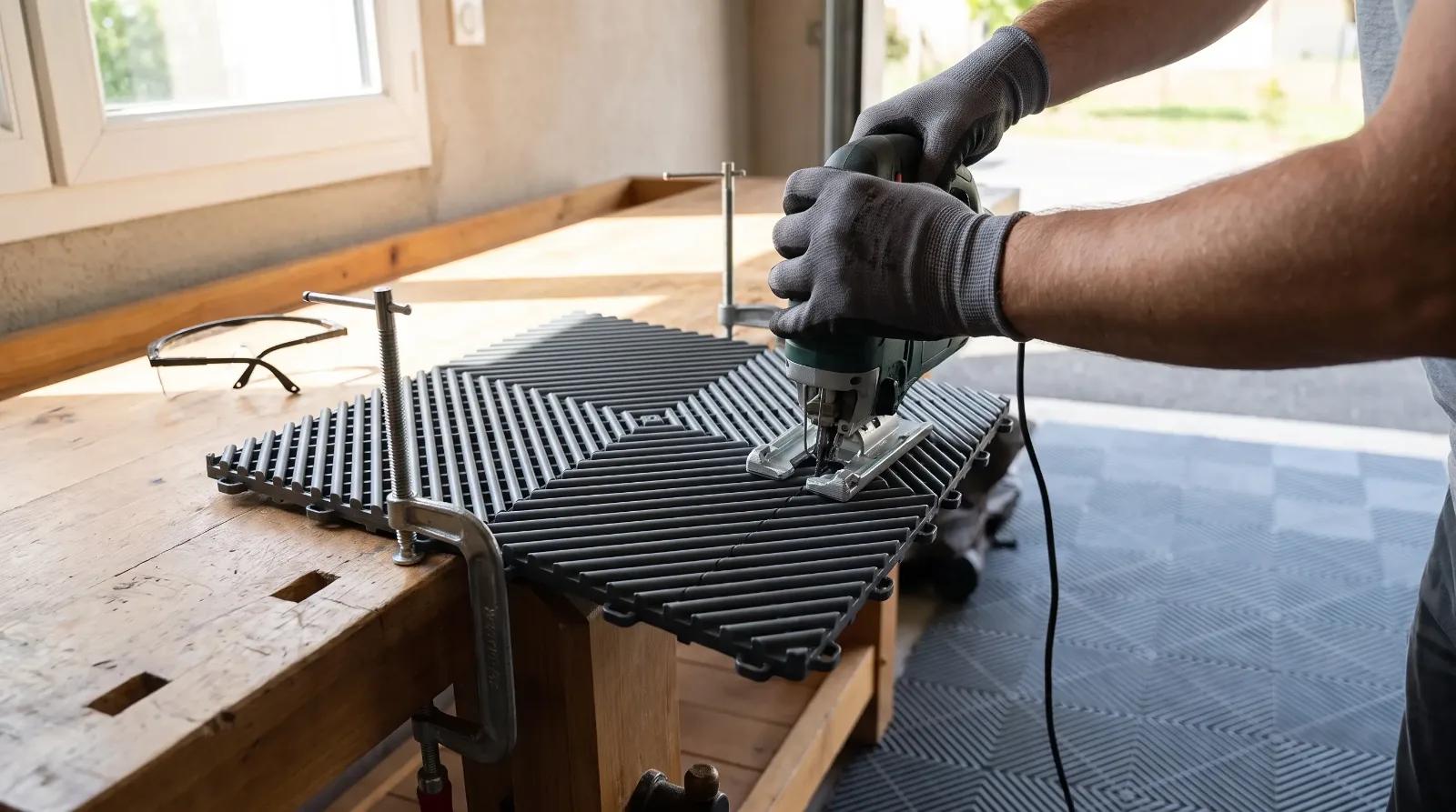 D&eacute;coupe d'une dalle de garage en polypropyl&egrave;ne &agrave; la scie sauteuse, dalle bloqu&eacute;e sur un &eacute;tabli par des serre-joints