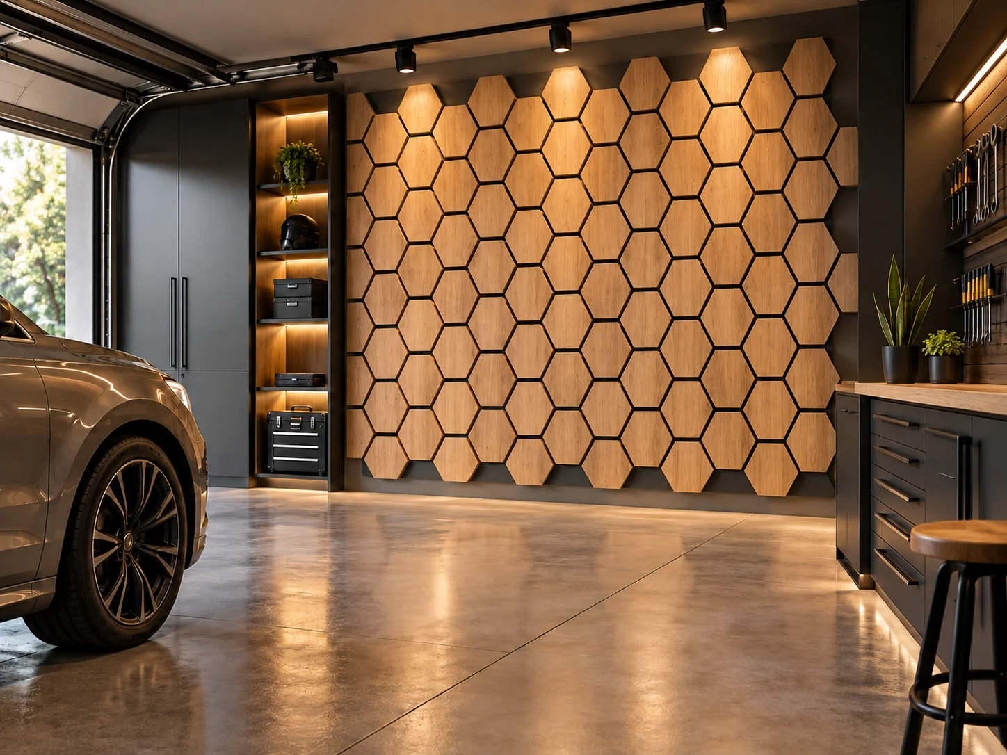 Garage moderne avec panneaux muraux décoratifs hexagonaux en bois